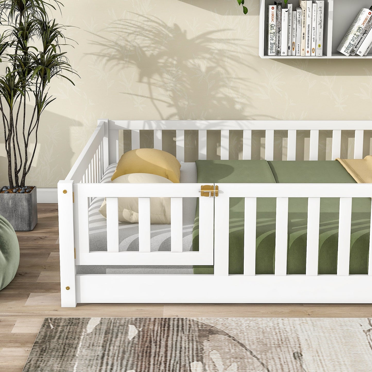 Full Size Floor Bed with Fence and Door,Rubber Wood Floor Bed with Safety Guardrails,White - 1st Choice Furniture Direct