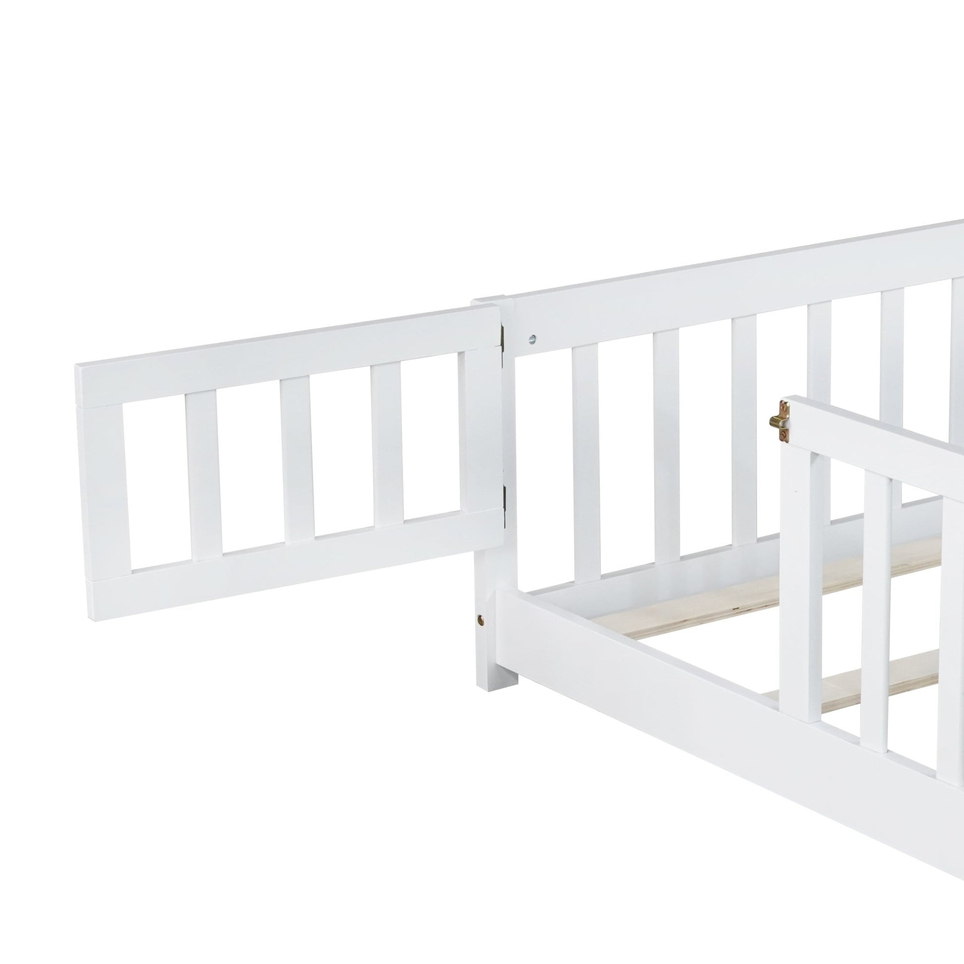 Full Size Floor Bed with Fence and Door,Rubber Wood Floor Bed with Safety Guardrails,White - 1st Choice Furniture Direct