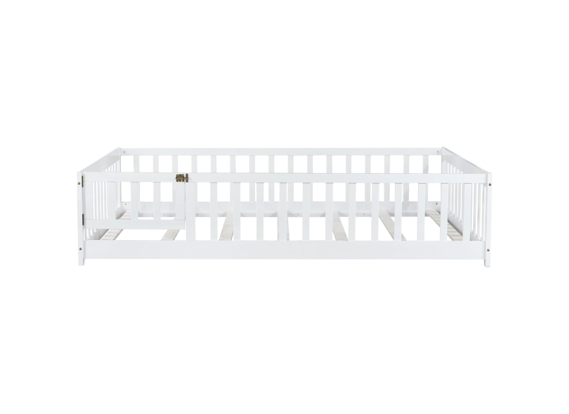 Full Size Floor Bed with Fence and Door,Rubber Wood Floor Bed with Safety Guardrails,White - 1st Choice Furniture Direct