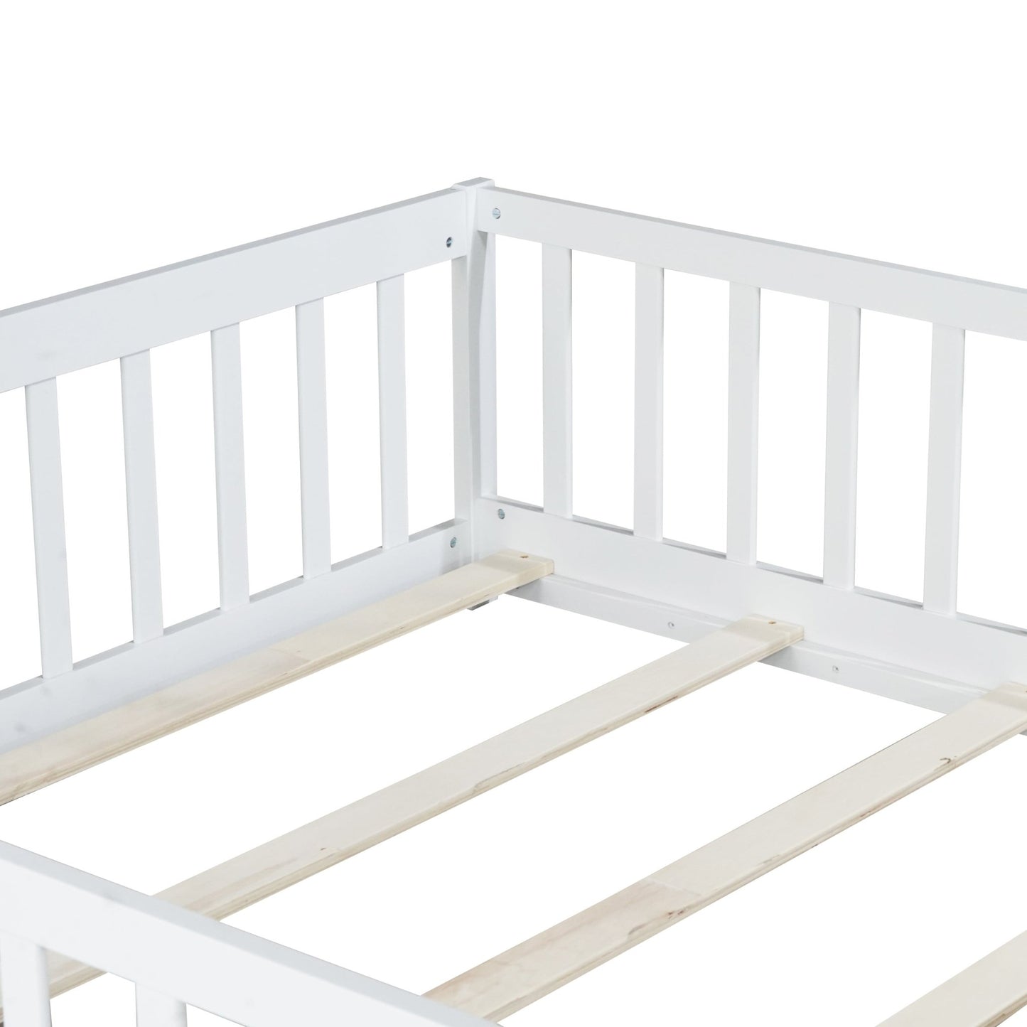 Full Size Floor Bed with Fence and Door,Rubber Wood Floor Bed with Safety Guardrails,White - 1st Choice Furniture Direct