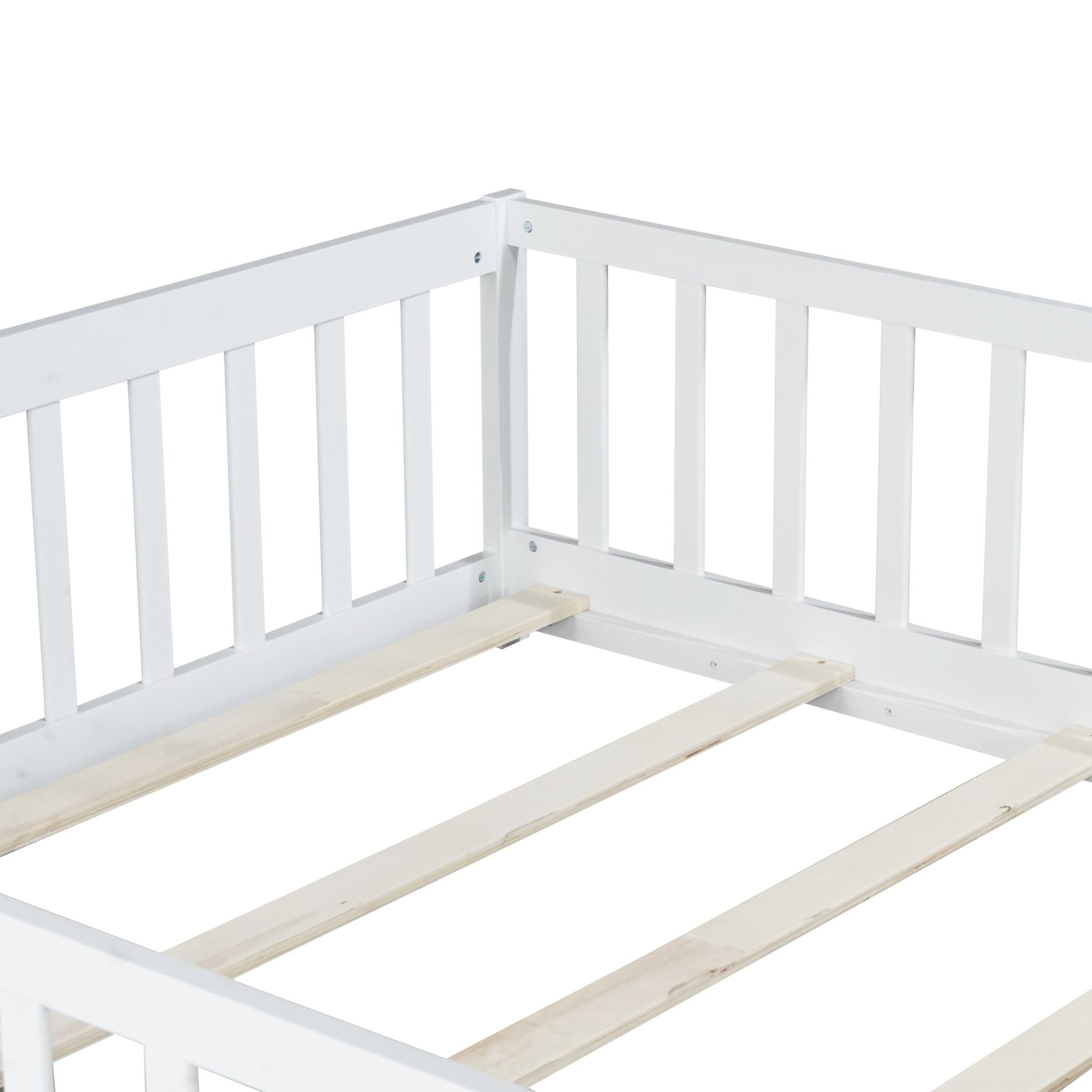 Full Size Floor Bed with Fence and Door,Rubber Wood Floor Bed with Safety Guardrails,White - 1st Choice Furniture Direct