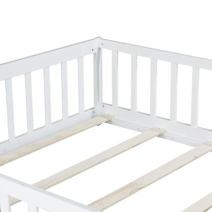 Full Size Floor Bed with Fence and Door,Rubber Wood Floor Bed with Safety Guardrails,White - 1st Choice Furniture Direct