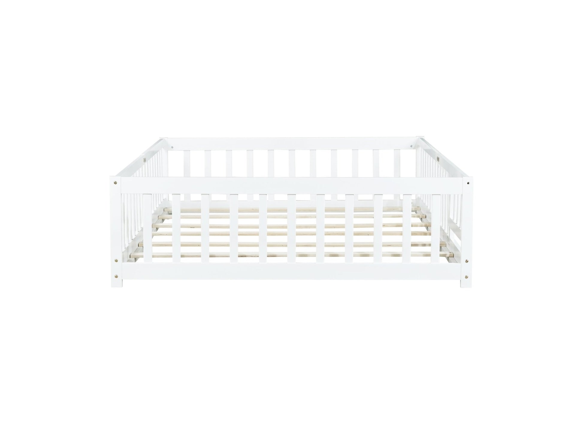 Full Size Floor Bed with Fence and Door,Rubber Wood Floor Bed with Safety Guardrails,White - 1st Choice Furniture Direct