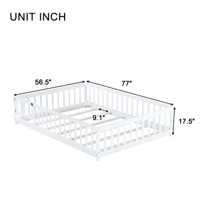 Full Size Floor Bed with Fence and Door,Rubber Wood Floor Bed with Safety Guardrails,White - 1st Choice Furniture Direct