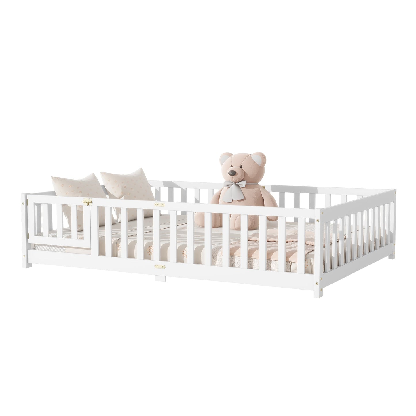 Full Size Floor Bed with Fence and Door,Rubber Wood Floor Bed with Safety Guardrails,White - 1st Choice Furniture Direct
