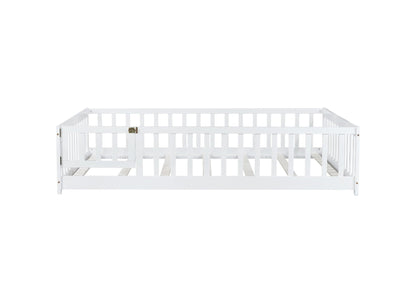 Full Size Floor Bed with Fence and Door,Rubber Wood Floor Bed with Safety Guardrails,White - 1st Choice Furniture Direct