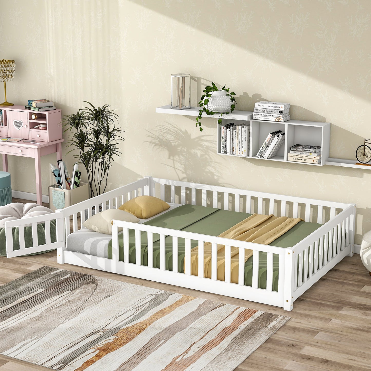 Full Size Floor Bed with Fence and Door,Rubber Wood Floor Bed with Safety Guardrails,White - 1st Choice Furniture Direct