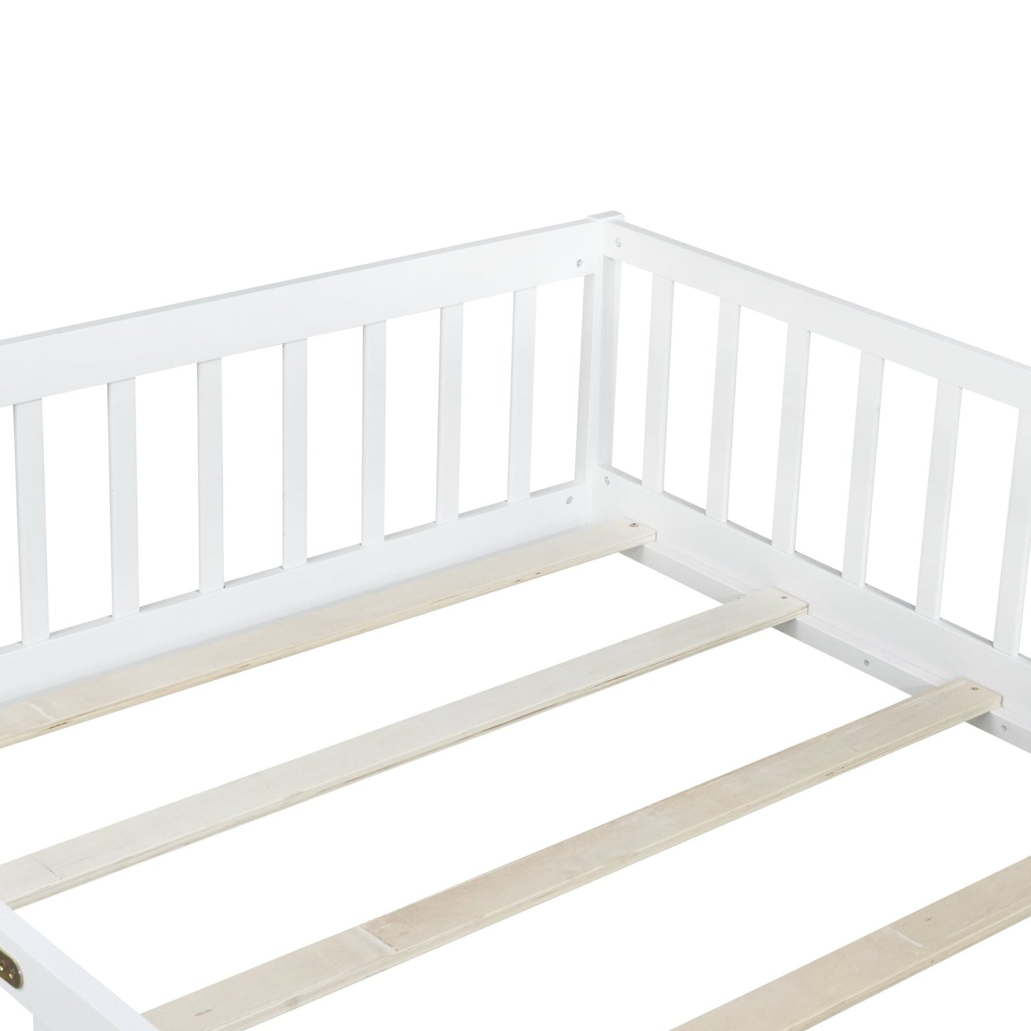 Full Size Floor Bed with Fence and Door,Rubber Wood Floor Bed with Safety Guardrails,White - 1st Choice Furniture Direct