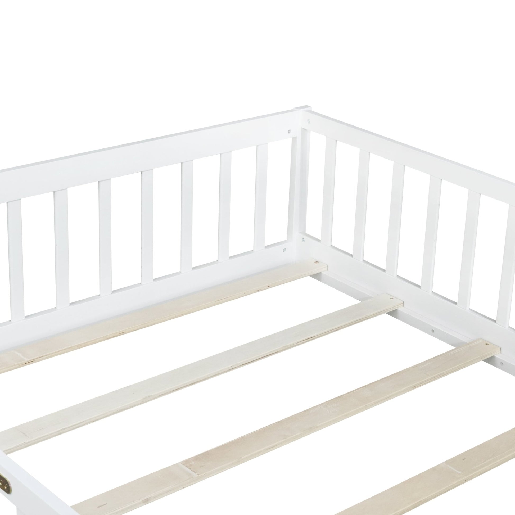Full Size Floor Bed with Fence and Door,Rubber Wood Floor Bed with Safety Guardrails,White - 1st Choice Furniture Direct