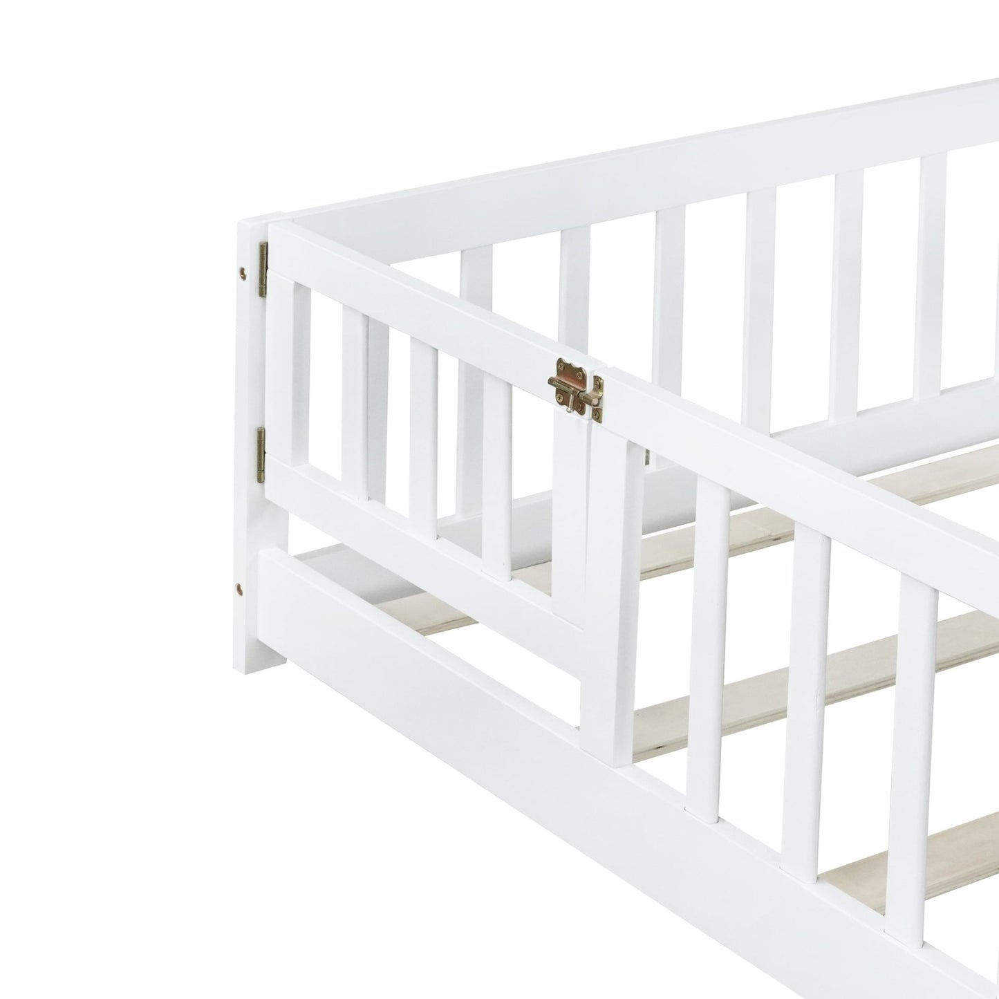 Full Size Floor Bed with Fence and Door,Rubber Wood Floor Bed with Safety Guardrails,White - 1st Choice Furniture Direct