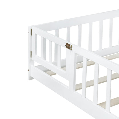 Full Size Floor Bed with Fence and Door,Rubber Wood Floor Bed with Safety Guardrails,White - 1st Choice Furniture Direct