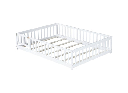 Full Size Floor Bed with Fence and Door,Rubber Wood Floor Bed with Safety Guardrails,White - 1st Choice Furniture Direct