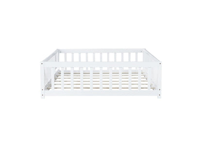 Full Size Floor Bed with Fence and Door,Rubber Wood Floor Bed with Safety Guardrails,White - 1st Choice Furniture Direct