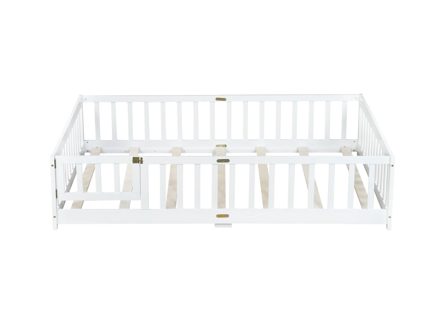 Full Size Floor Bed with Fence and Door,Rubber Wood Floor Bed with Safety Guardrails,White - 1st Choice Furniture Direct