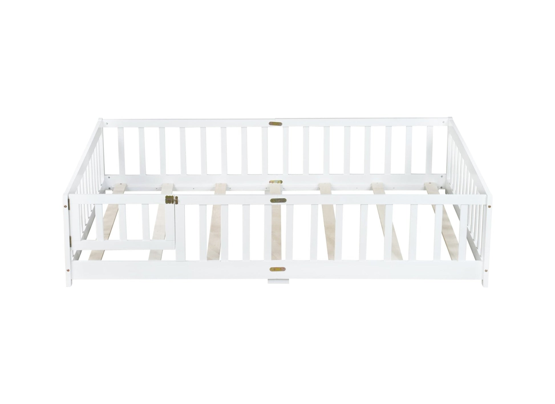 Full Size Floor Bed with Fence and Door,Rubber Wood Floor Bed with Safety Guardrails,White - 1st Choice Furniture Direct