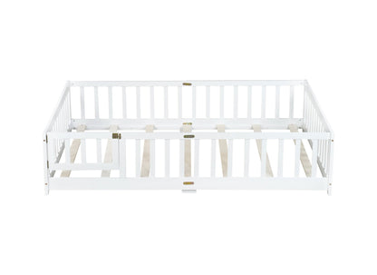 Full Size Floor Bed with Fence & Door – Kids Montessori Bed in White Wood - 1st Choice Furniture Direct
