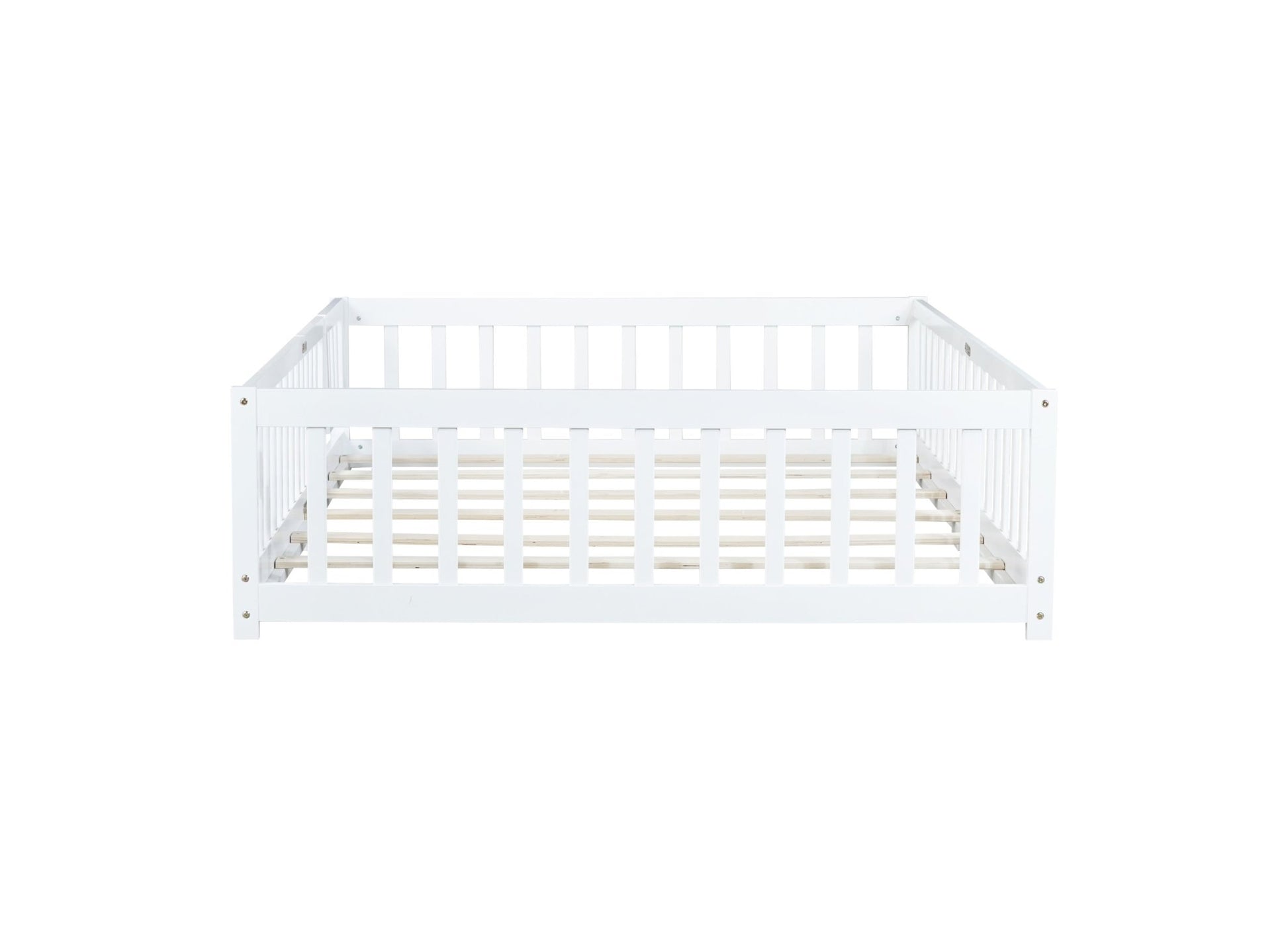 Full Size Floor Bed with Fence & Door – Kids Montessori Bed in White Wood - 1st Choice Furniture Direct