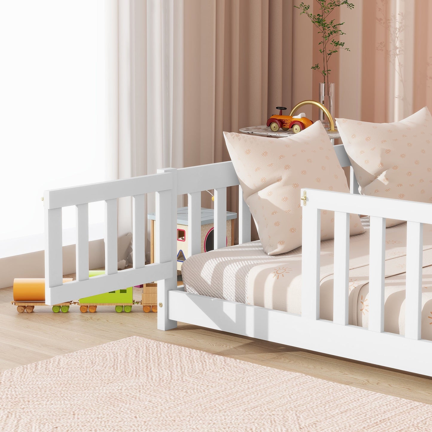 Full Size Floor Bed with Fence & Door – Kids Montessori Bed in White Wood - 1st Choice Furniture Direct