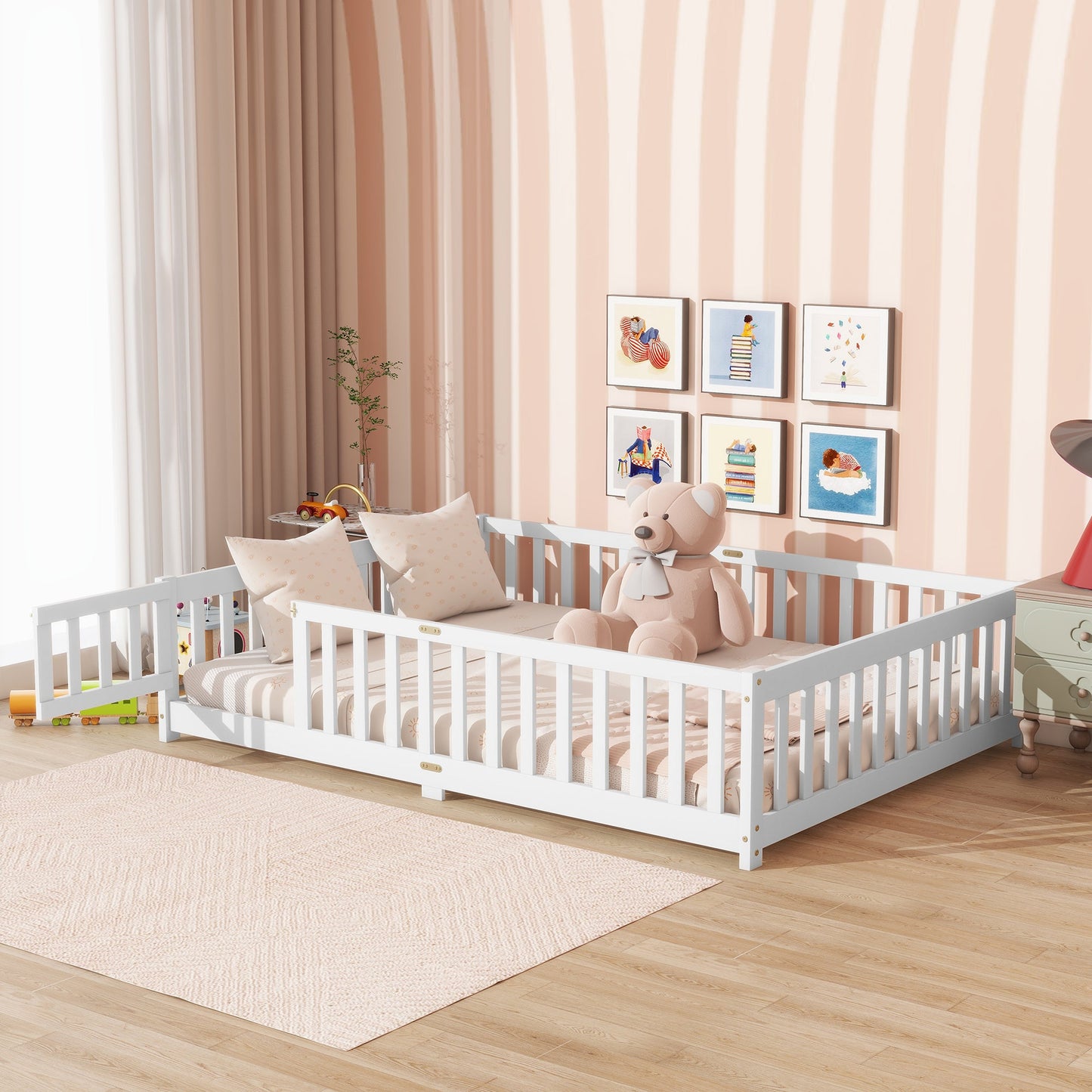 Full Size Floor Bed with Fence & Door – Kids Montessori Bed in White Wood - 1st Choice Furniture Direct