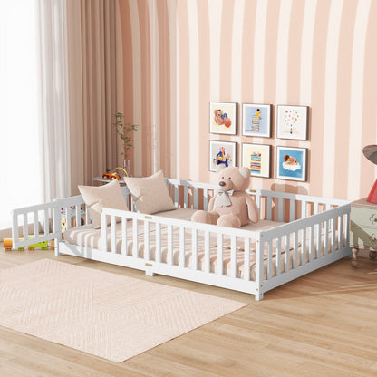 Full Size Floor Bed with Fence & Door – Kids Montessori Bed in White Wood - 1st Choice Furniture Direct