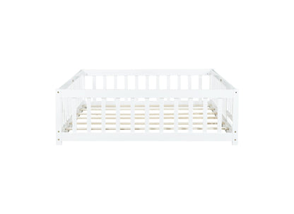 Full Size Floor Bed with Fence & Door – Kids Montessori Bed in White Wood - 1st Choice Furniture Direct