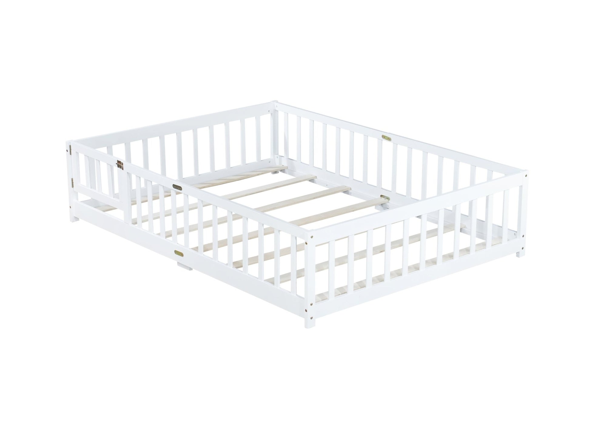 Full Size Floor Bed with Fence & Door – Kids Montessori Bed in White Wood - 1st Choice Furniture Direct