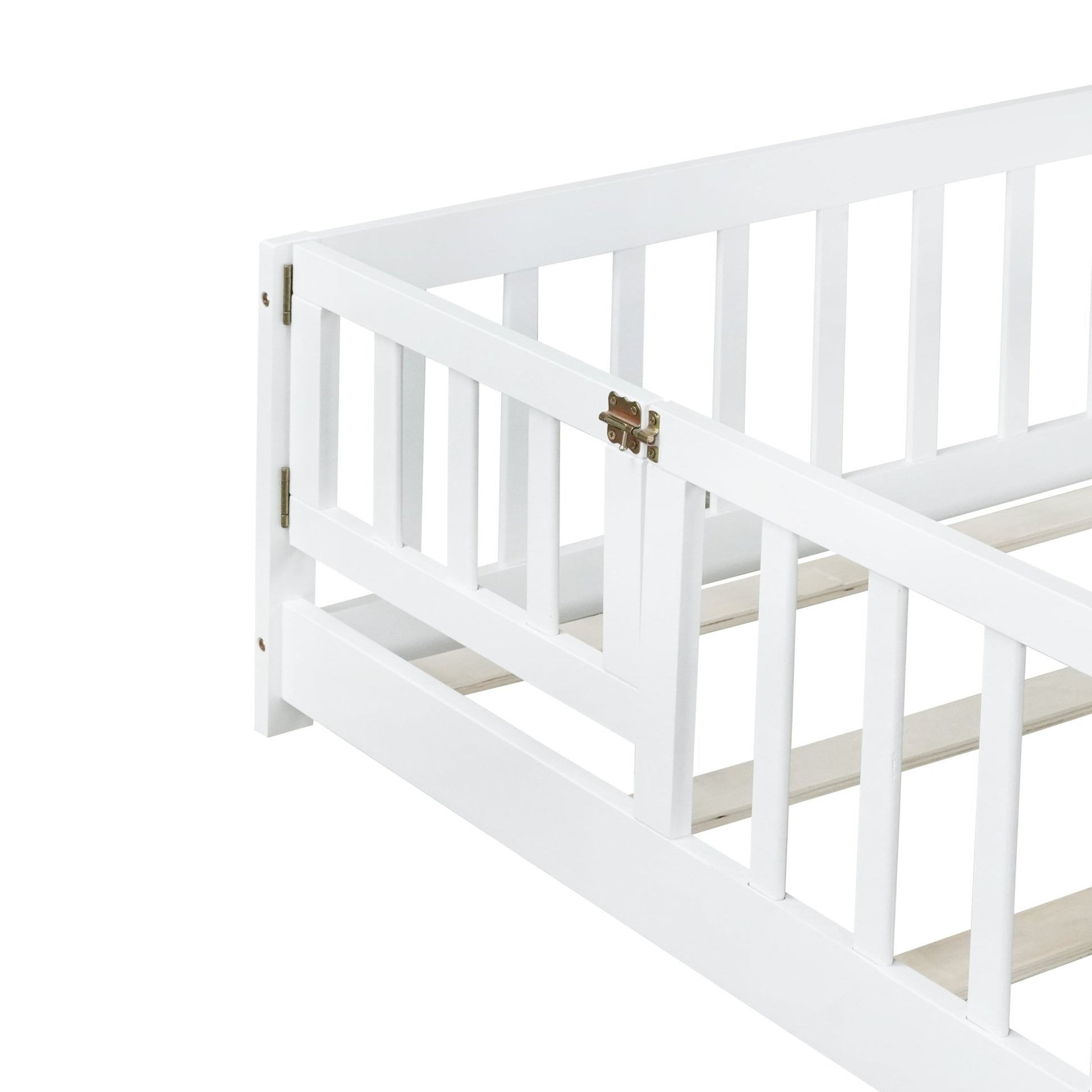 Full Size Floor Bed with Fence & Door – Kids Montessori Bed in White Wood - 1st Choice Furniture Direct