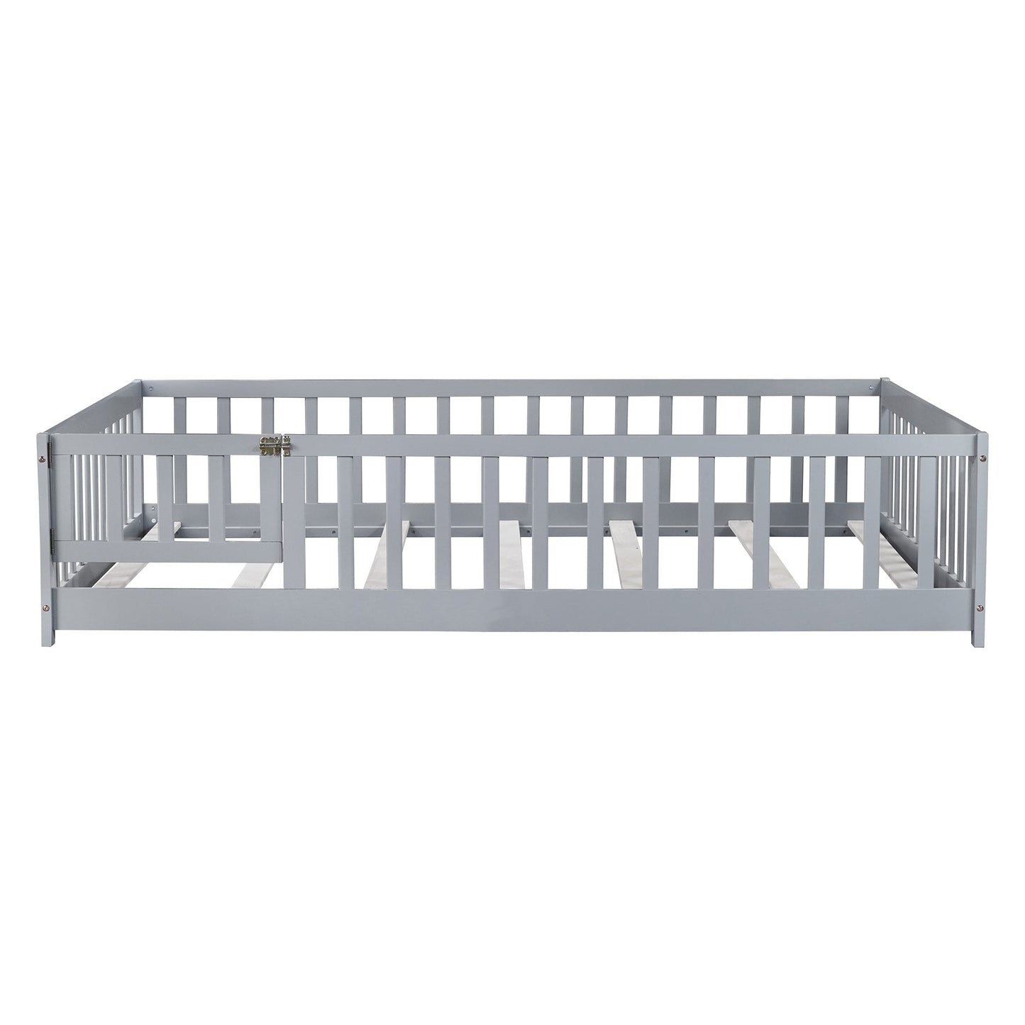 Full Size Floor Bed with Fence – Grey Rubber Wood Kids Bed Frame - 1st Choice Furniture Direct