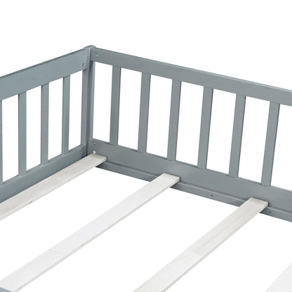 Full Size Floor Bed with Fence – Grey Rubber Wood Kids Bed Frame - 1st Choice Furniture Direct