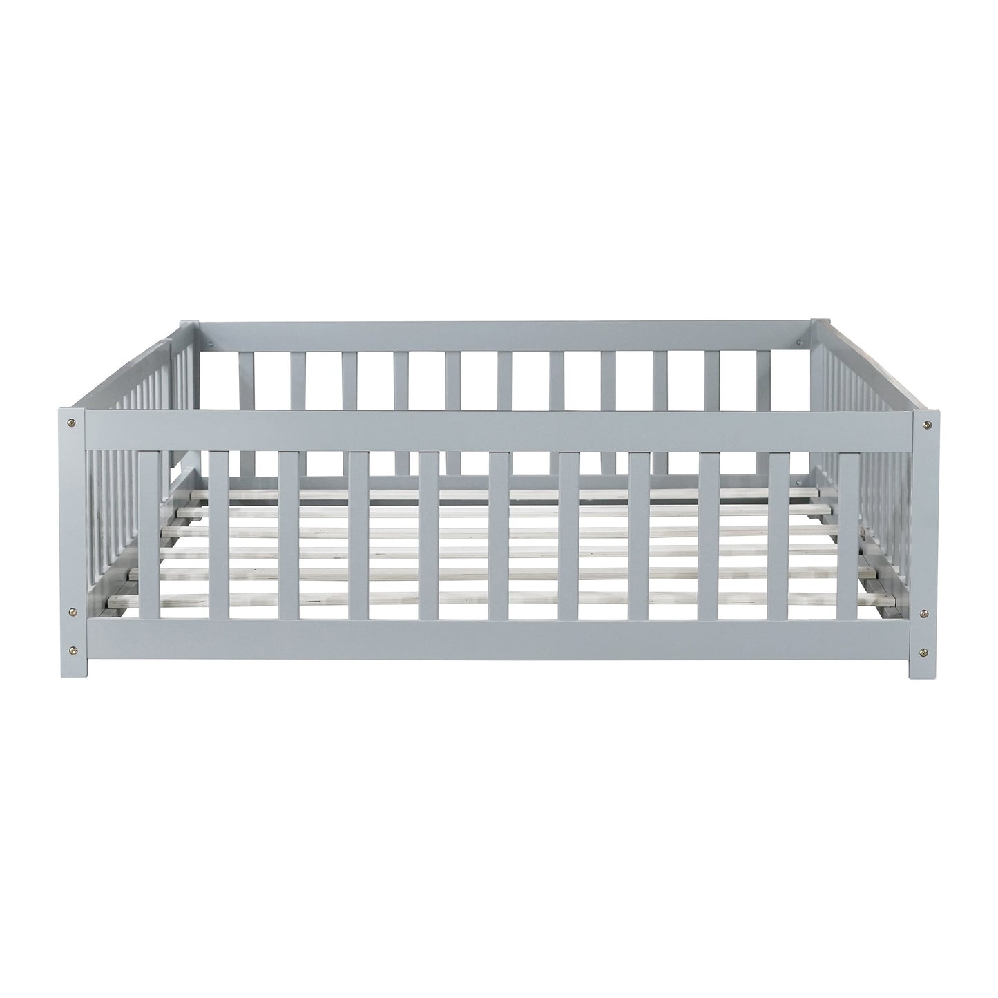 Full Size Floor Bed with Fence – Grey Rubber Wood Kids Bed Frame - 1st Choice Furniture Direct