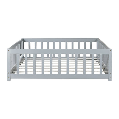 Full Size Floor Bed with Fence – Grey Rubber Wood Kids Bed Frame - 1st Choice Furniture Direct