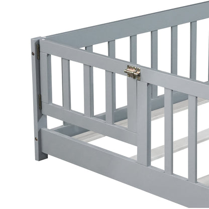 Full Size Floor Bed with Fence – Grey Rubber Wood Kids Bed Frame - 1st Choice Furniture Direct