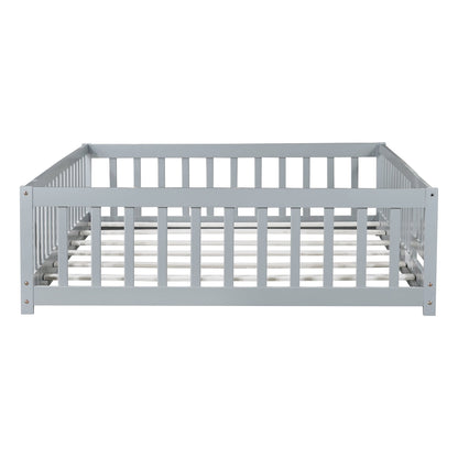 Full Size Floor Bed with Fence – Grey Rubber Wood Kids Bed Frame - 1st Choice Furniture Direct