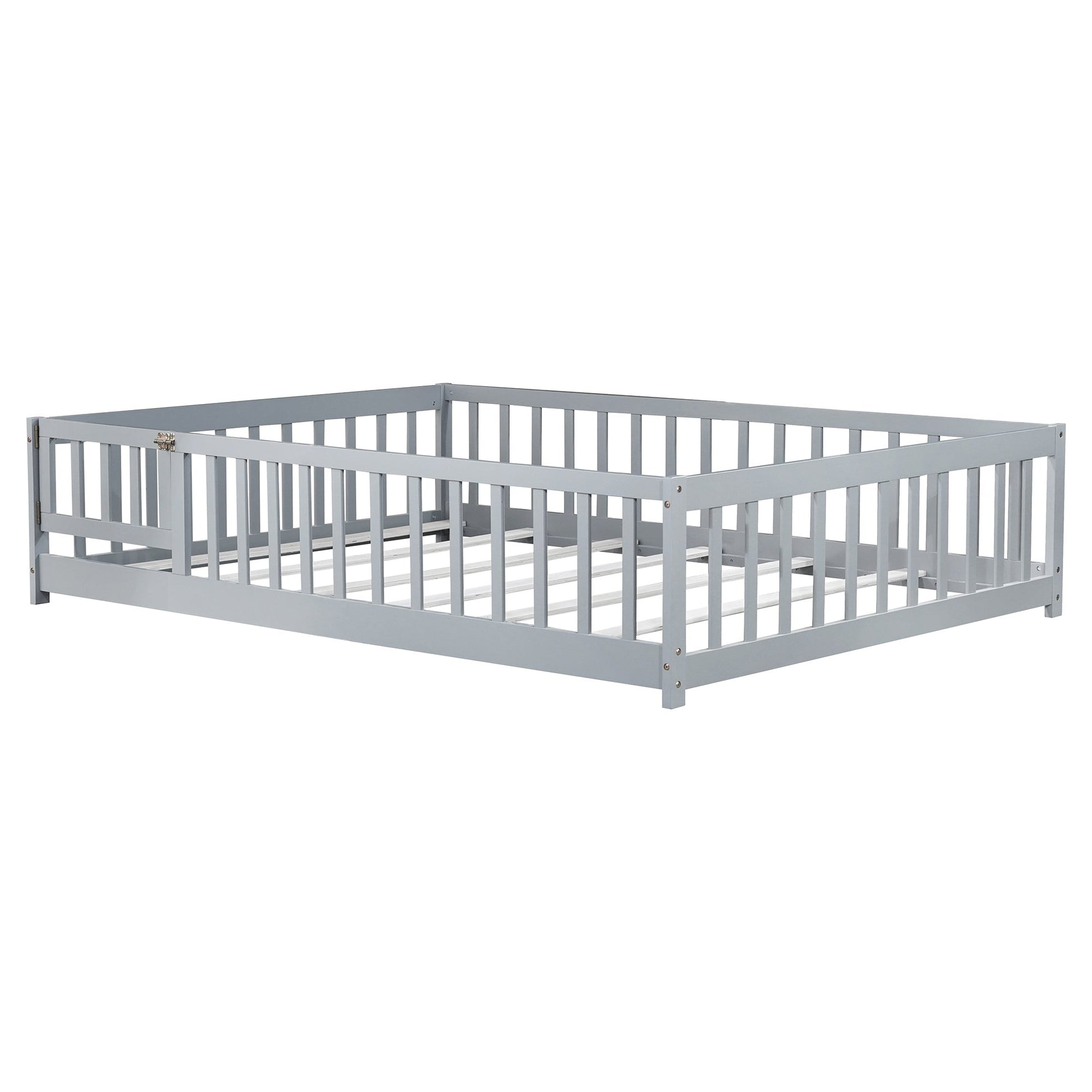 Full Size Kids Floor Bed with Fence & Door – Grey Rubber Wood Montessori Bed Frame - 1st Choice Furniture Direct