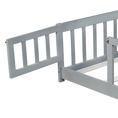 Full Size Kids Floor Bed with Fence & Door – Grey Rubber Wood Montessori Bed Frame - 1st Choice Furniture Direct