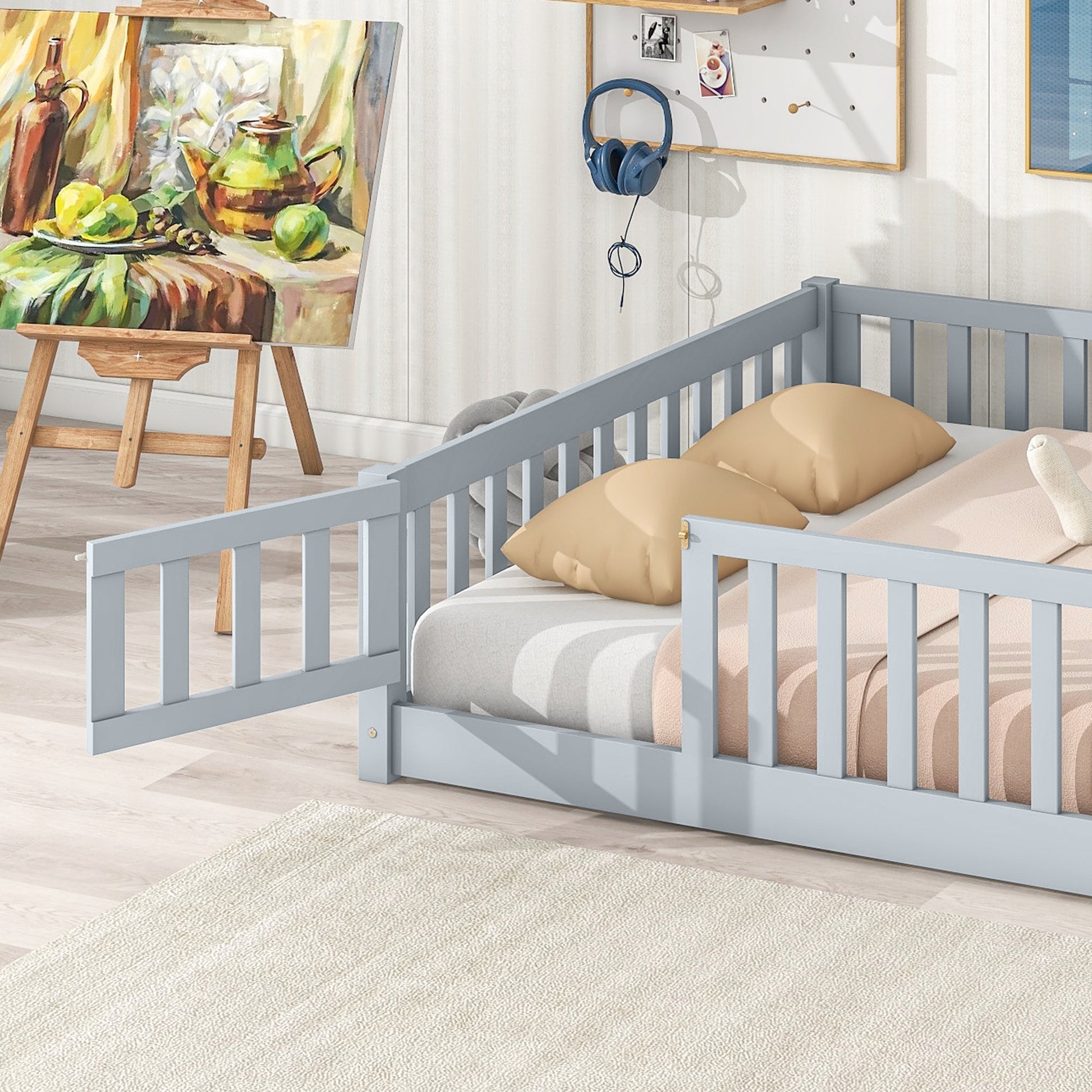 Full Size Kids Floor Bed with Fence & Door – Grey Rubber Wood Montessori Bed Frame - 1st Choice Furniture Direct