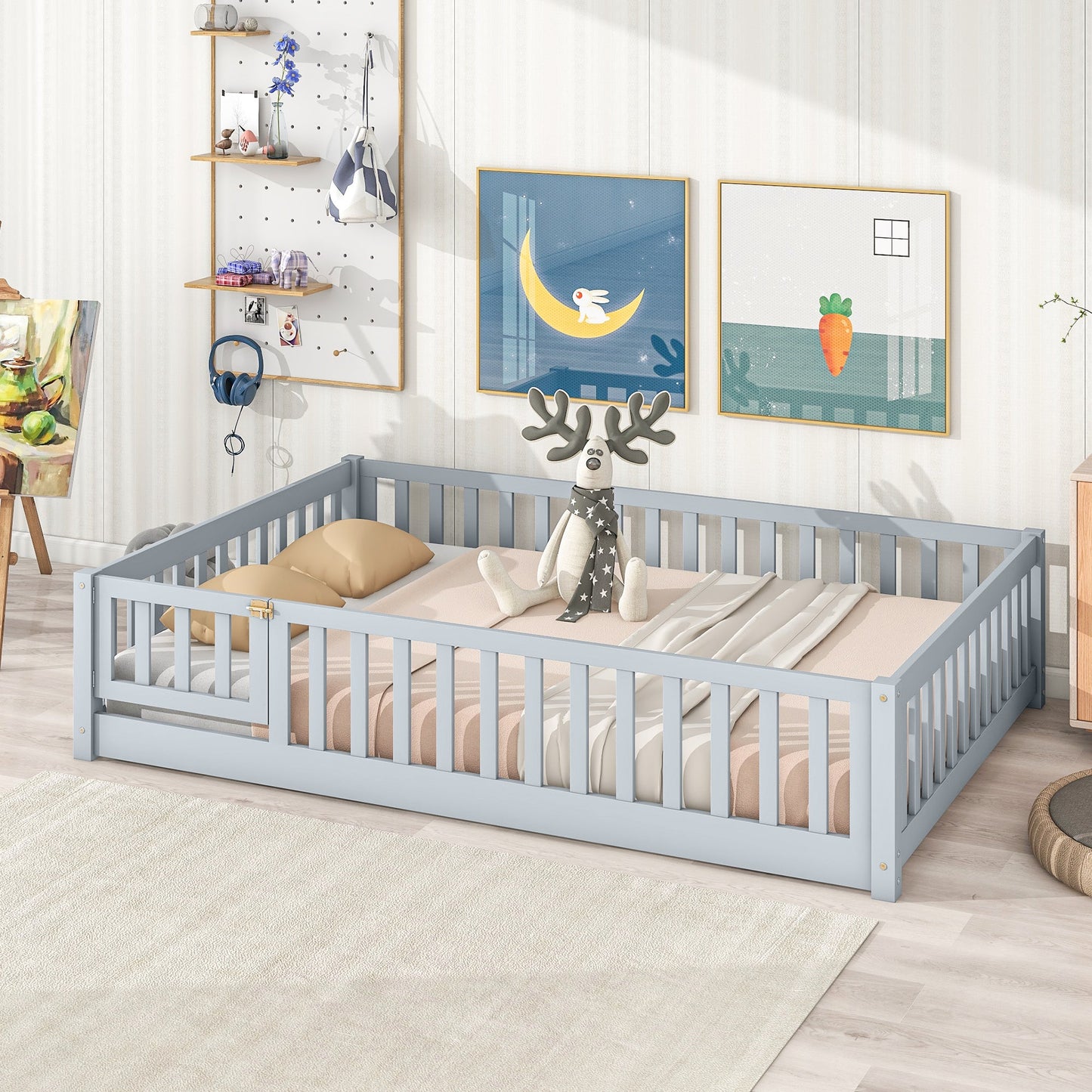 Full Size Kids Floor Bed with Fence & Door – Grey Rubber Wood Montessori Bed Frame - 1st Choice Furniture Direct