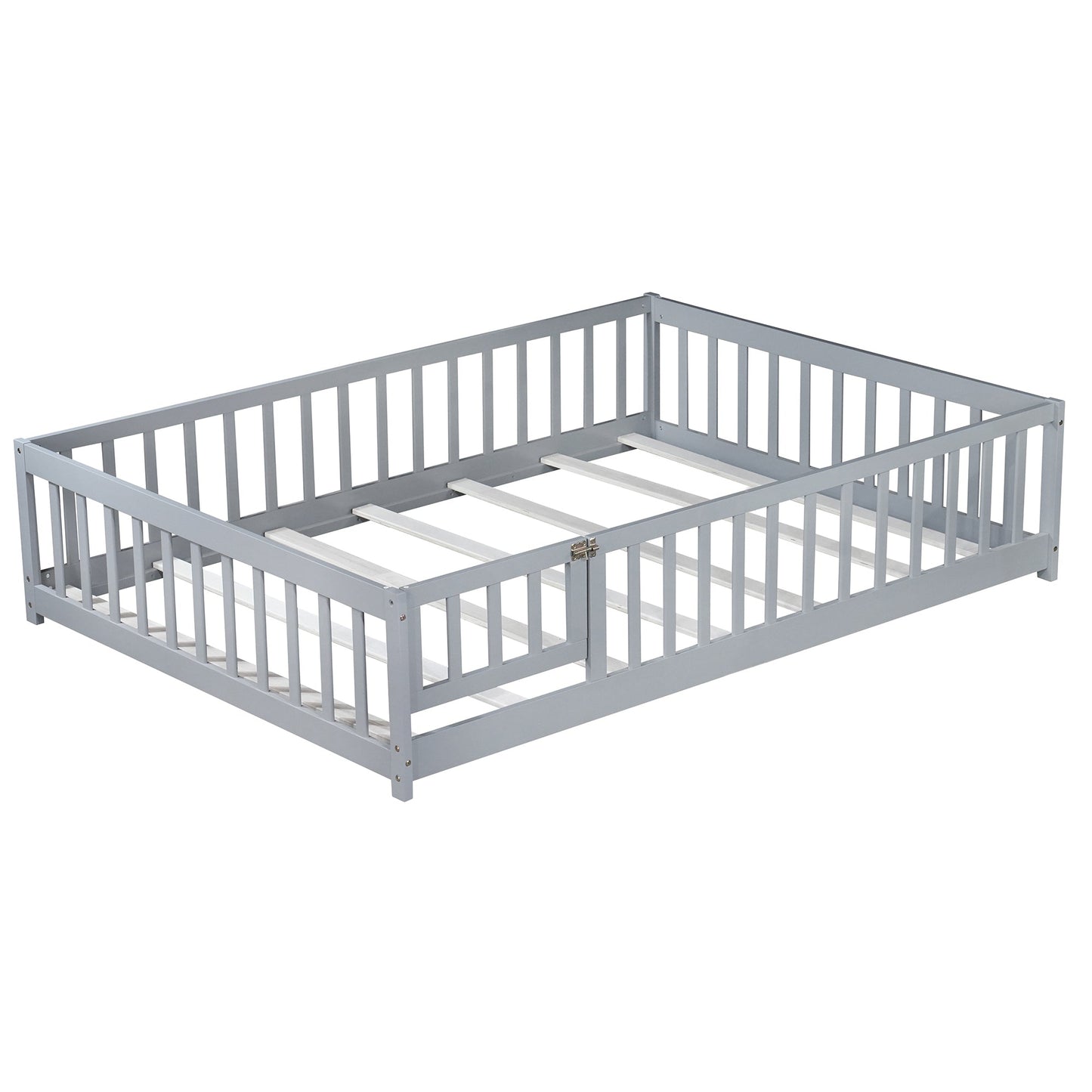 Full Size Kids Floor Bed with Fence & Door – Grey Rubber Wood Montessori Bed Frame - 1st Choice Furniture Direct