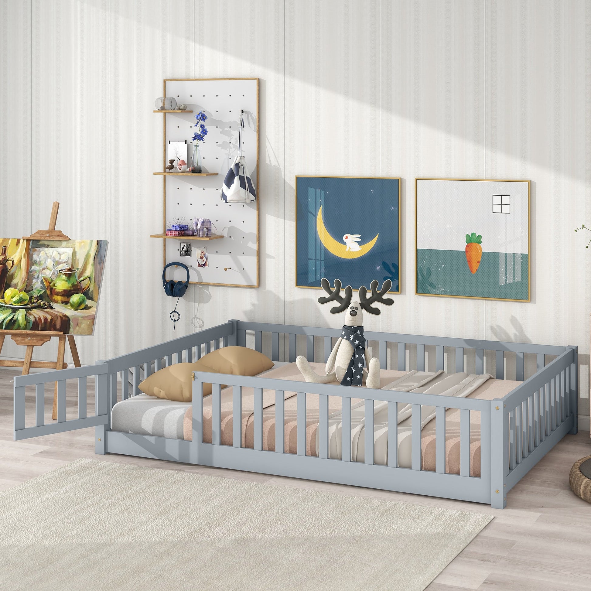 Full Size Kids Floor Bed with Fence & Door – Grey Rubber Wood Montessori Bed Frame - 1st Choice Furniture Direct