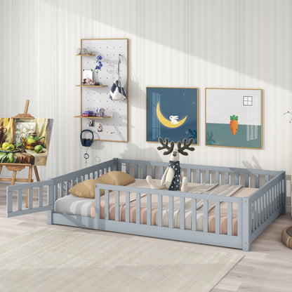 Full Size Kids Floor Bed with Fence & Door – Grey Rubber Wood Montessori Bed Frame - 1st Choice Furniture Direct