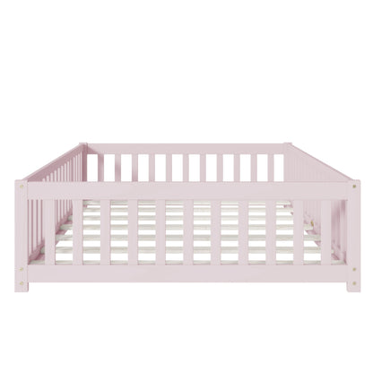 Full Size Pink Floor Bed with Fence – Rubber Wood Kids Bed - 1st Choice Furniture Direct