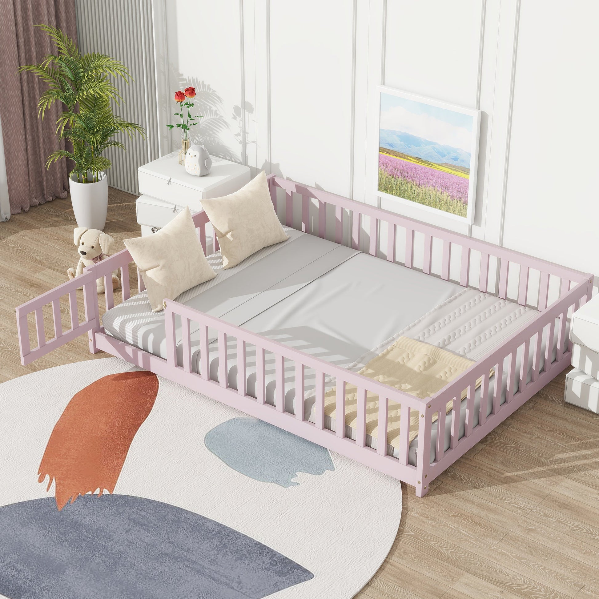 Full Size Pink Floor Bed with Fence – Rubber Wood Kids Bed - 1st Choice Furniture Direct
