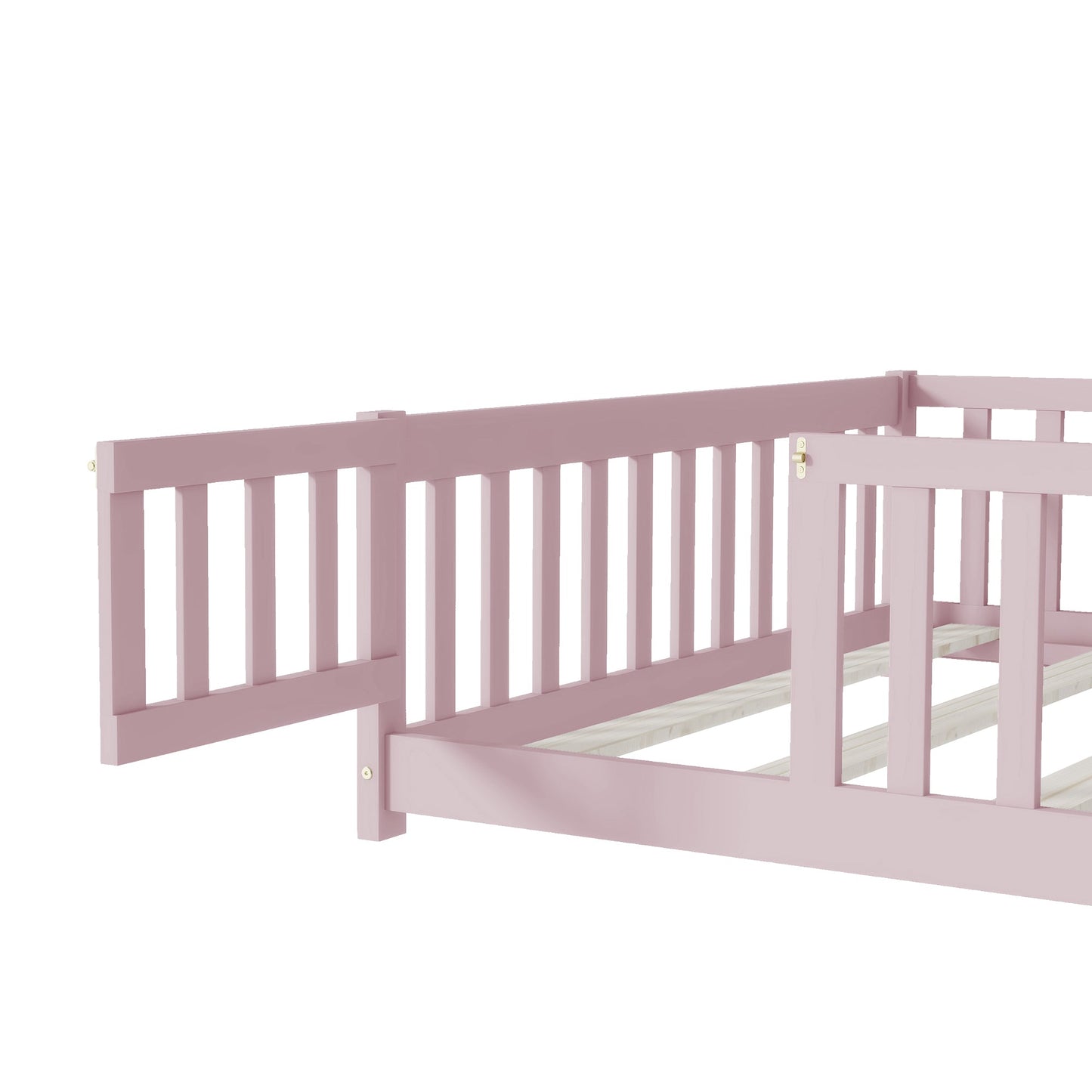 Full Size Pink Floor Bed with Fence – Rubber Wood Kids Bed - 1st Choice Furniture Direct