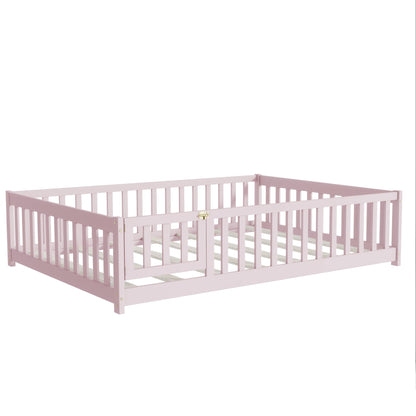 Full Size Pink Floor Bed with Fence – Rubber Wood Kids Bed - 1st Choice Furniture Direct
