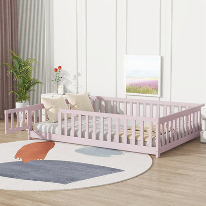 Full Size Pink Floor Bed with Fence – Rubber Wood Kids Bed - 1st Choice Furniture Direct