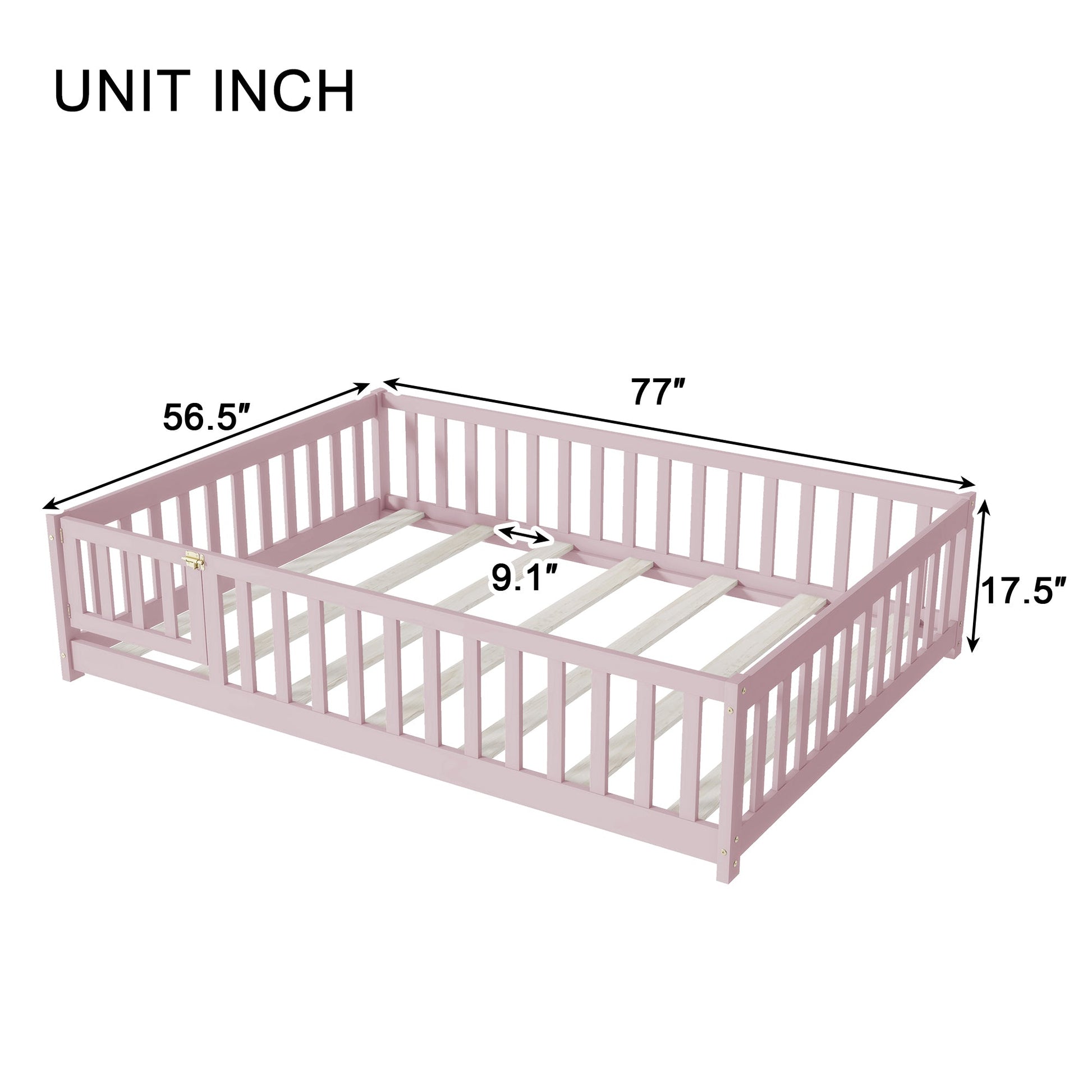 Full Size Pink Floor Bed with Fence – Rubber Wood Kids Bed - 1st Choice Furniture Direct
