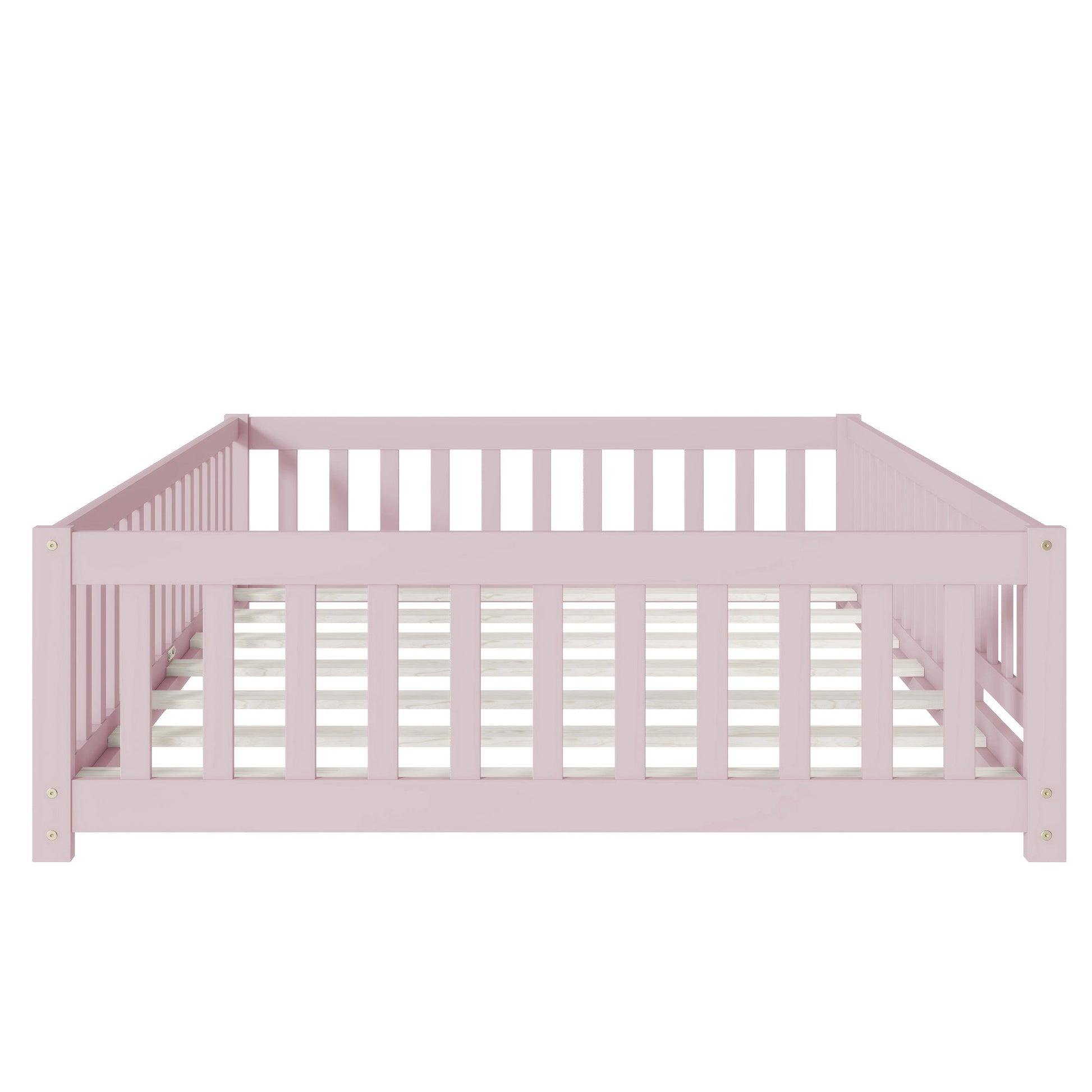 Full Size Pink Floor Bed with Fence – Rubber Wood Kids Bed - 1st Choice Furniture Direct