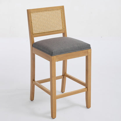 Full Solid Wood Rattan - Back Bar Stool, Matte Linen Cushion with High - Resilience Foam & S - Springs, Ideal for Rustic/Natural Style Kitchen Island, Low Bar in Dining Room & Café,Set of 2,Gray,SW1872GY - 1st Choice Furniture Direct