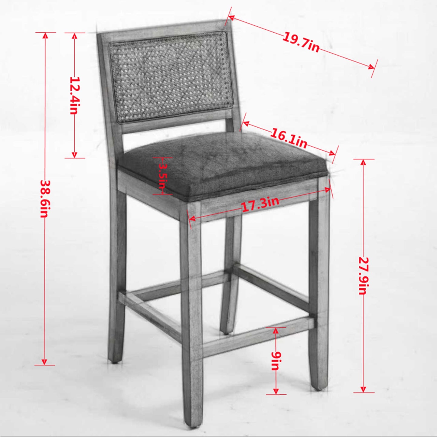Full Solid Wood Rattan - Back Bar Stool, Matte Linen Cushion with High - Resilience Foam & S - Springs, Ideal for Rustic/Natural Style Kitchen Island, Low Bar in Dining Room & Café,Set of 2,Gray,SW1872GY - 1st Choice Furniture Direct