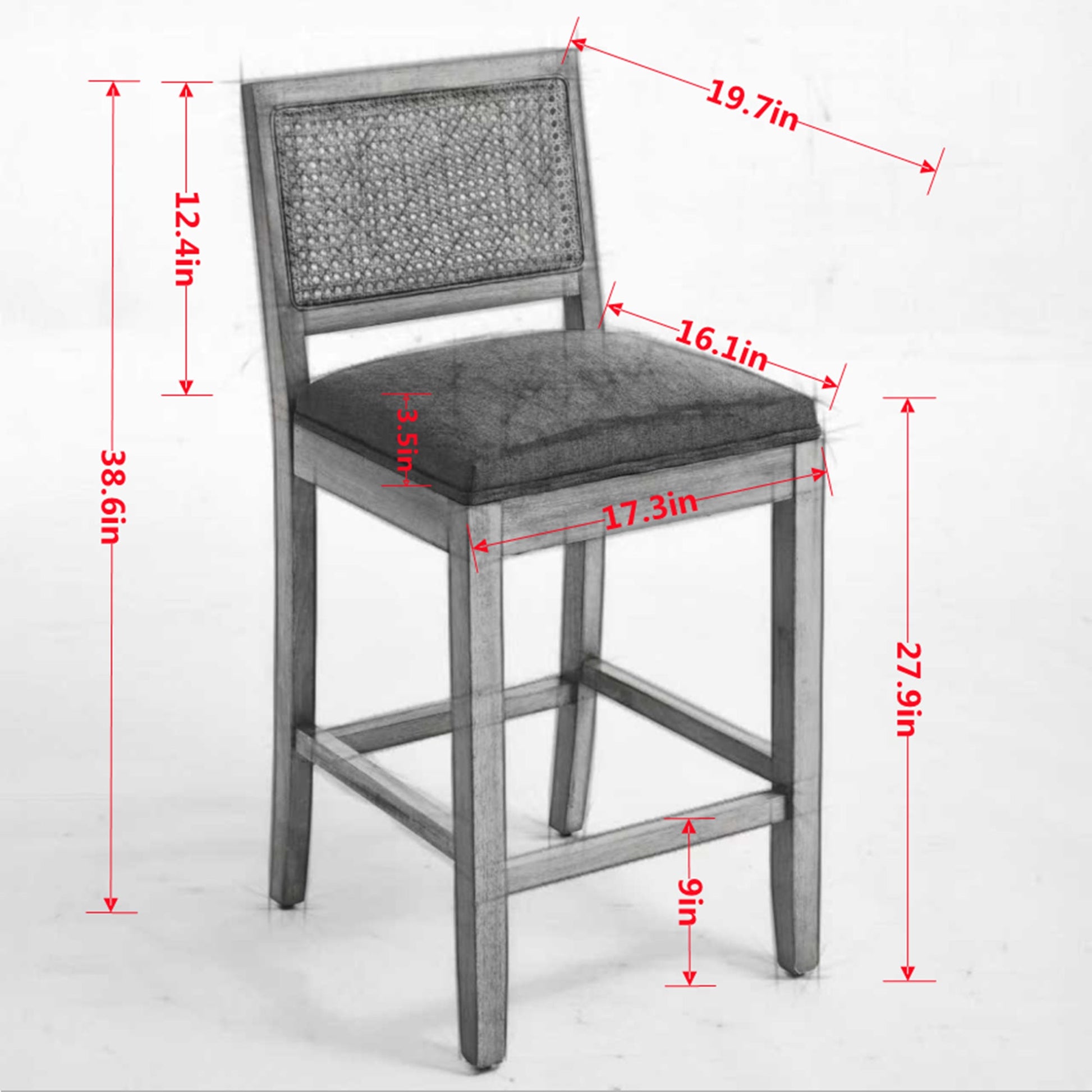 Full Solid Wood Rattan - Back Bar Stool, Matte Linen Cushion with High - Resilience Foam & S - Springs, Ideal for Rustic/Natural Style Kitchen Island, Low Bar in Dining Room & Café,Set of 2,Gray,SW1872GY - 1st Choice Furniture Direct